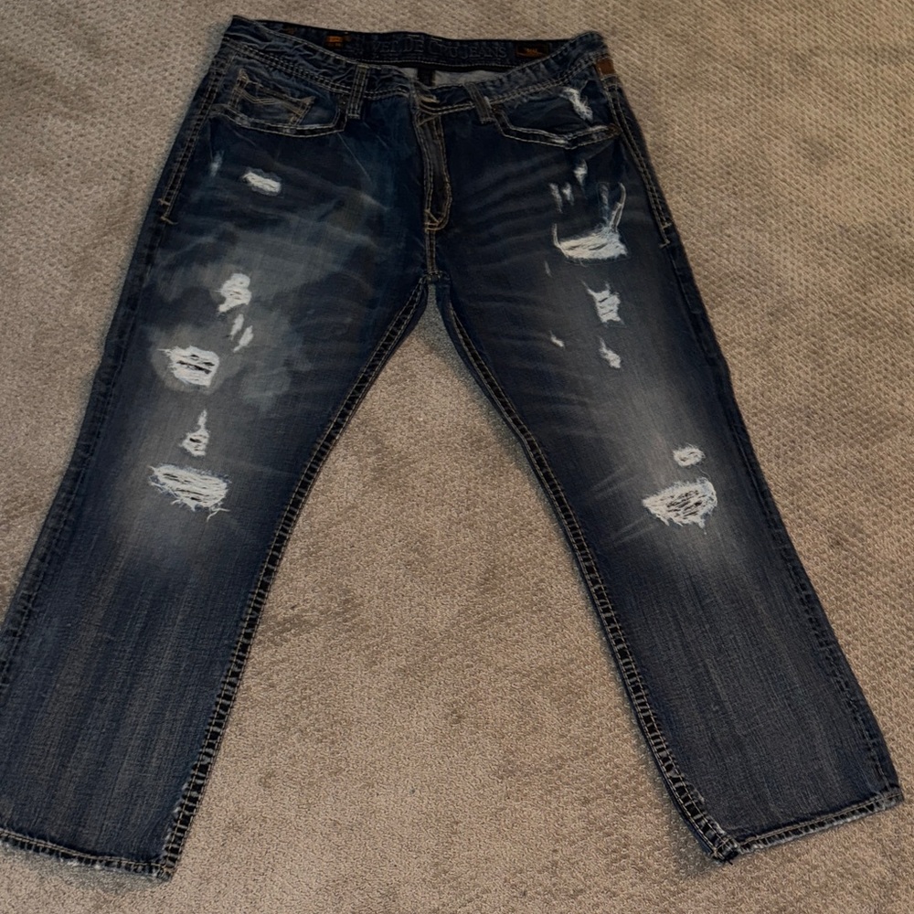 Men's Rivet De Cru Distressed Dark Blue Jeans - Classic Casual Fit